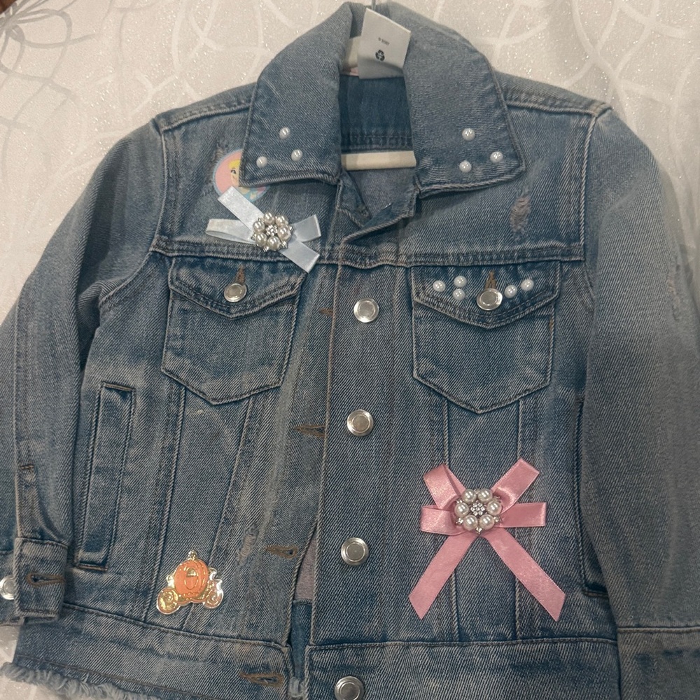 Disney Girls Blue Denim Jacket with Ribbon & Pearl Accents